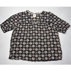 Knox Rose Women's Large Floral Blouse Black Multi-color Boho Short Sleeve Size L